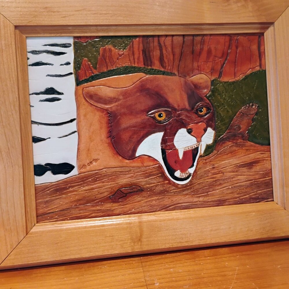 Vintage Raised Hand Tooled Leather Painting Mountain Lion Cougar Signed GM 15x12